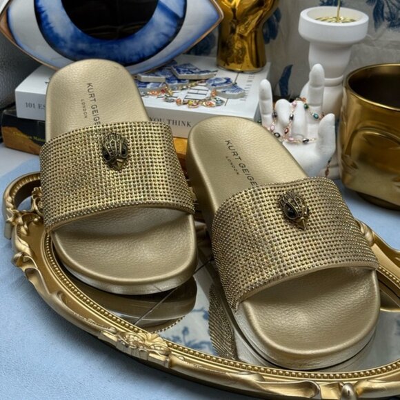 🆕 KURT GEIGER LONDON 🧿 NWOB Meena Eagle Gold Crystal Studded Slide, Sz US 7.5 - Picture 4 of 12